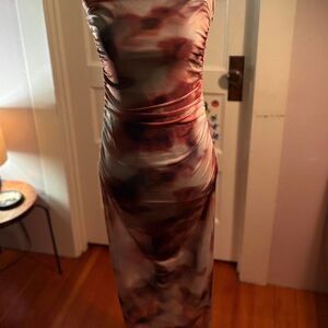 Liz & Sara y2k brown/red/mauve Strapless Ruched Mesh Bodycon Midi Dress Size L